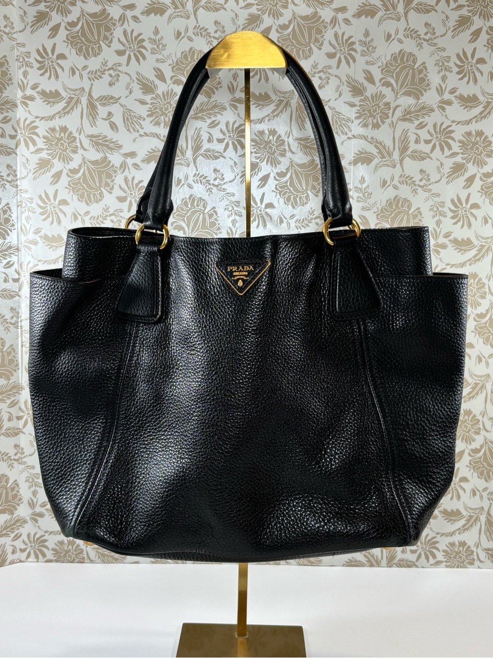 Prada Black Pebbled Leather Tote with Gold Hardware